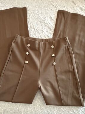 HALARA Brown Wide-Leg High-Waist Button Detail Pants